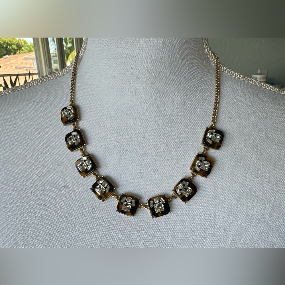 J. Crew Tortoise Shell Classic Rhinestone Crystal Cluster Stacked Necklace